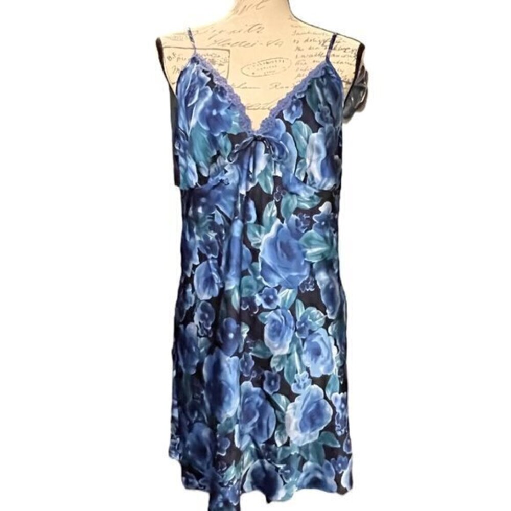 VTG California Miss‎ Silky Slip Dress L Blue Floral Y2K Loungewear Cottagecore